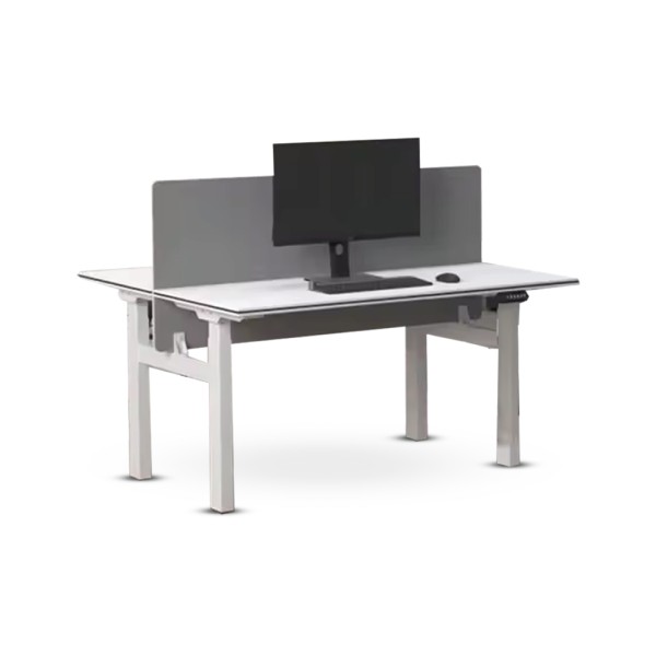 Meja kerja dua orang  saling berhadapan  dengan fitur naik-turun  (height-adjustable desk).